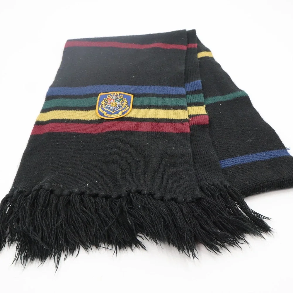 Harry Potter Hogwarts Crest Knit Scarf OS Black Multi Color Striped Fringe‎